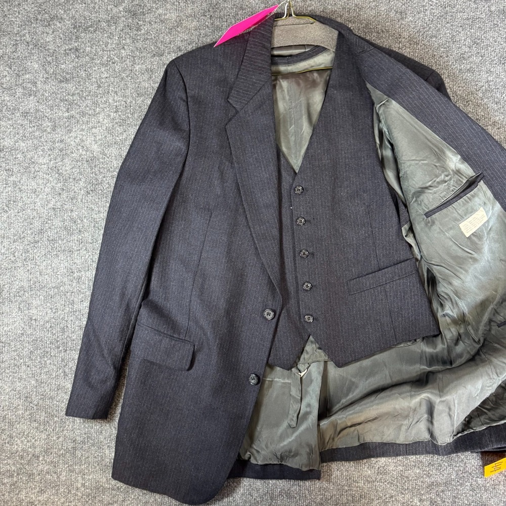 Bret Lawrence New York London Blazer & Vest Black Pin Stripe Wool Size 44L